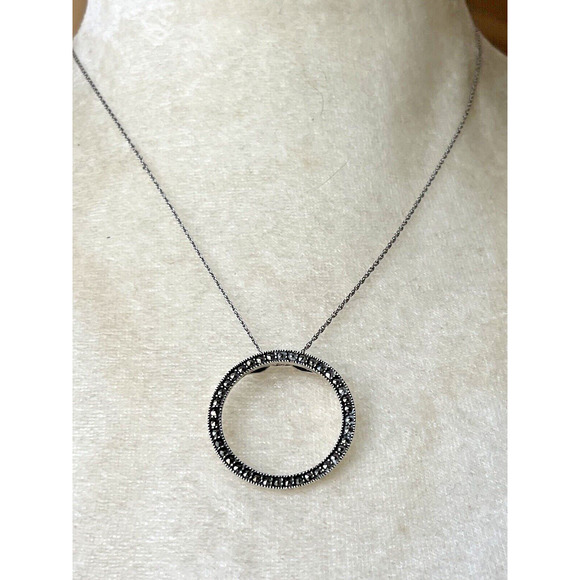 Vintage Delicate Sterling Silver & Marcasite Open Circle Pendant 1 1/4" Wide - Picture 7 of 16